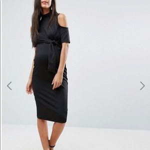 Maternity Midi Dress w Cold Shoulder and Tie Side